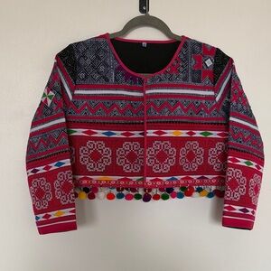 Hmong Modern Cropped Embroidered Pom-Pom Jacket